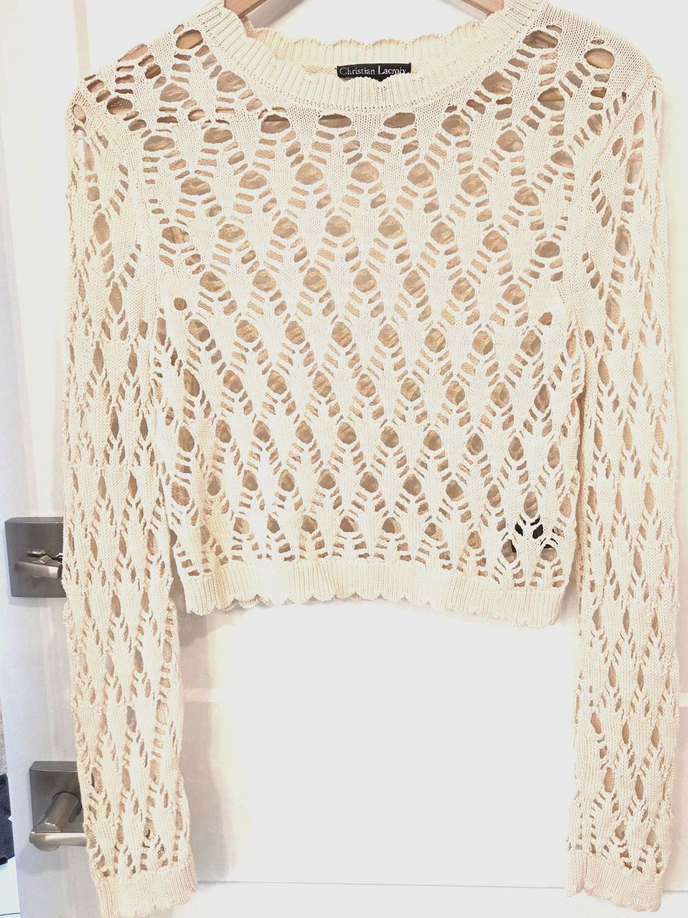 Christian Lacroix Open Knit Crochet Sweater Crop Top Beige Boho Cottagecore